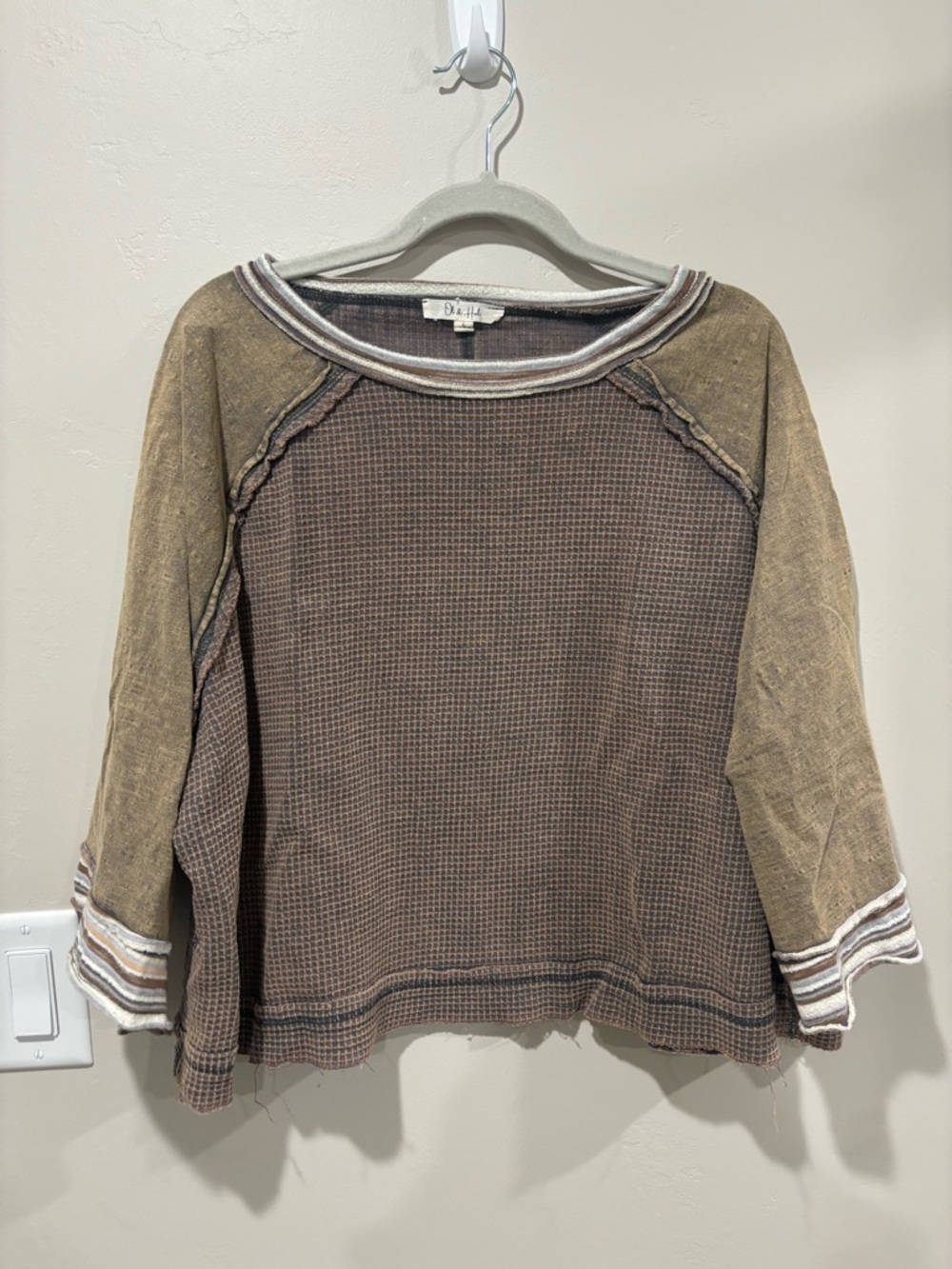 Brown Waffle Knit Top with Contrast Trim